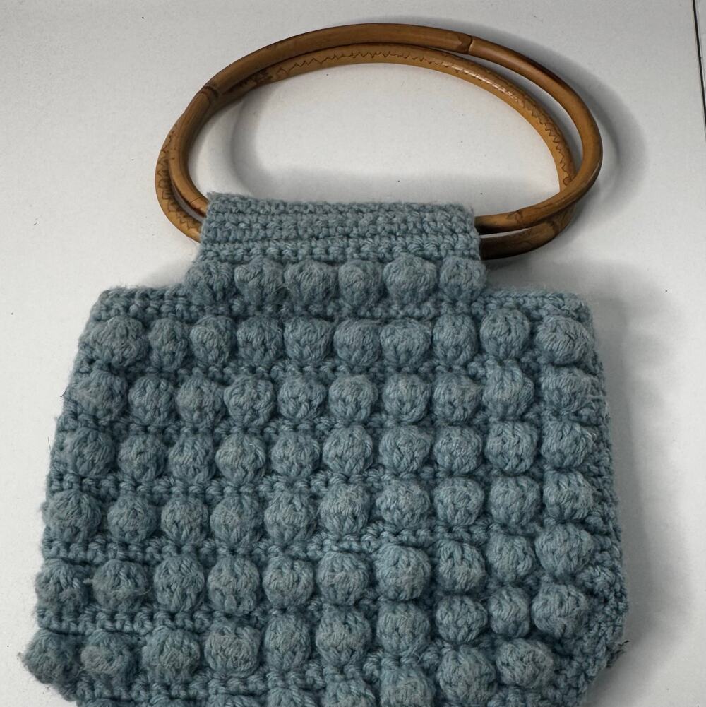 Vintage Crochet Bobble Purse Bag Round Handles Boho Hippie Handmade Blue